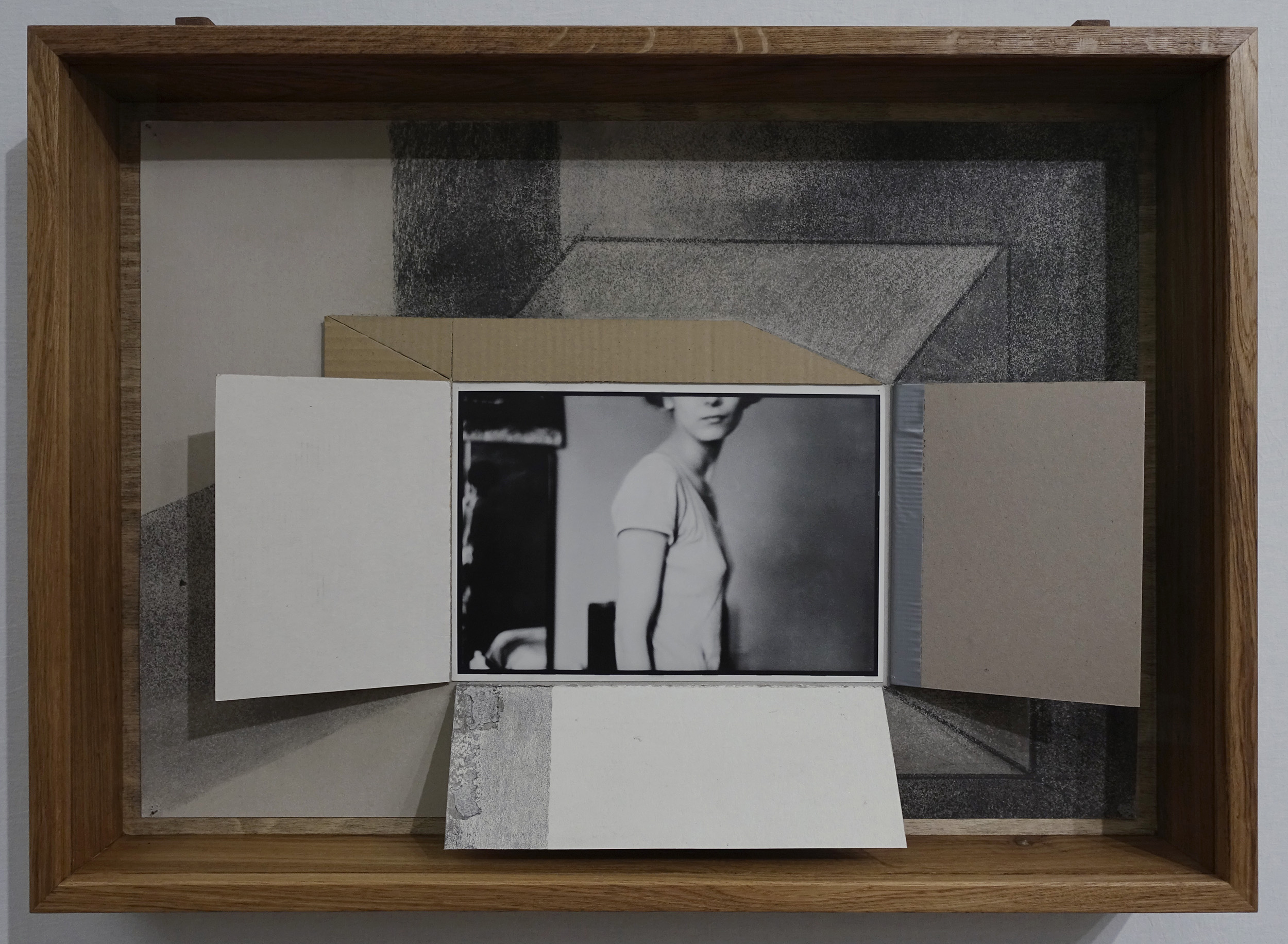 Aurora Király, Viewfinder #13 2015 gelatin silver print/vintage (1997), charcoal on paper and cardboard, duct tape, displayed in oak box 54,5 x 72,2 x 10 cm / 49,5 x 70,2 cm  unique Courtesy of Anca Poterasu Gallery